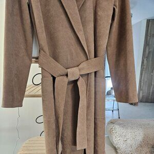 Ultrasuede Long Wrap Coat – Custom Made, Taupe Brown